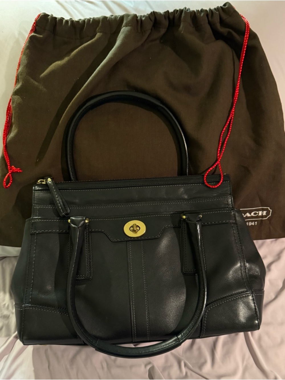 Coach Black Leather Turnlock Satchel with Gold Hardware